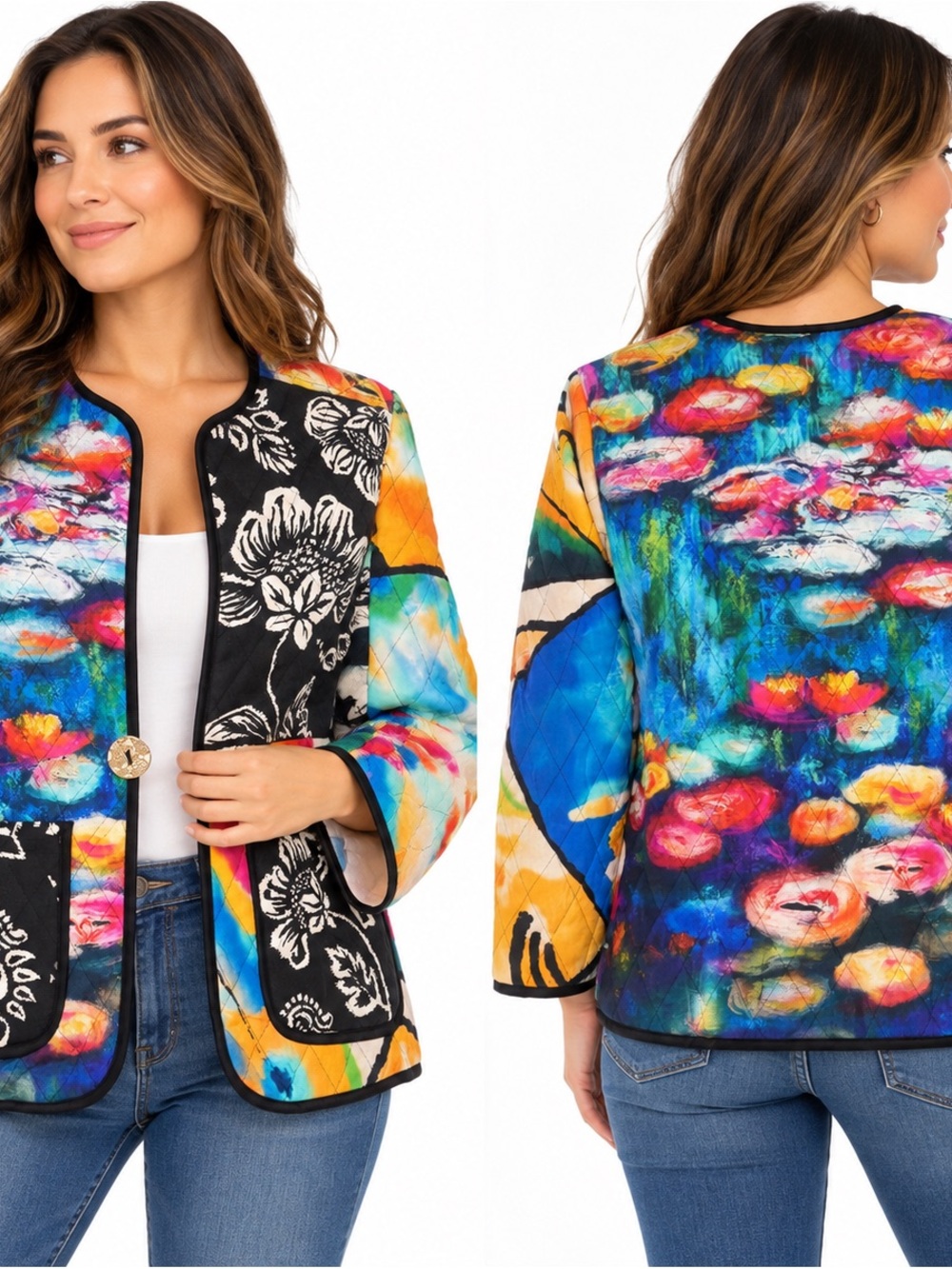 John Mark Vibrant Multicolor Quilted Floral & Abstract Jacket